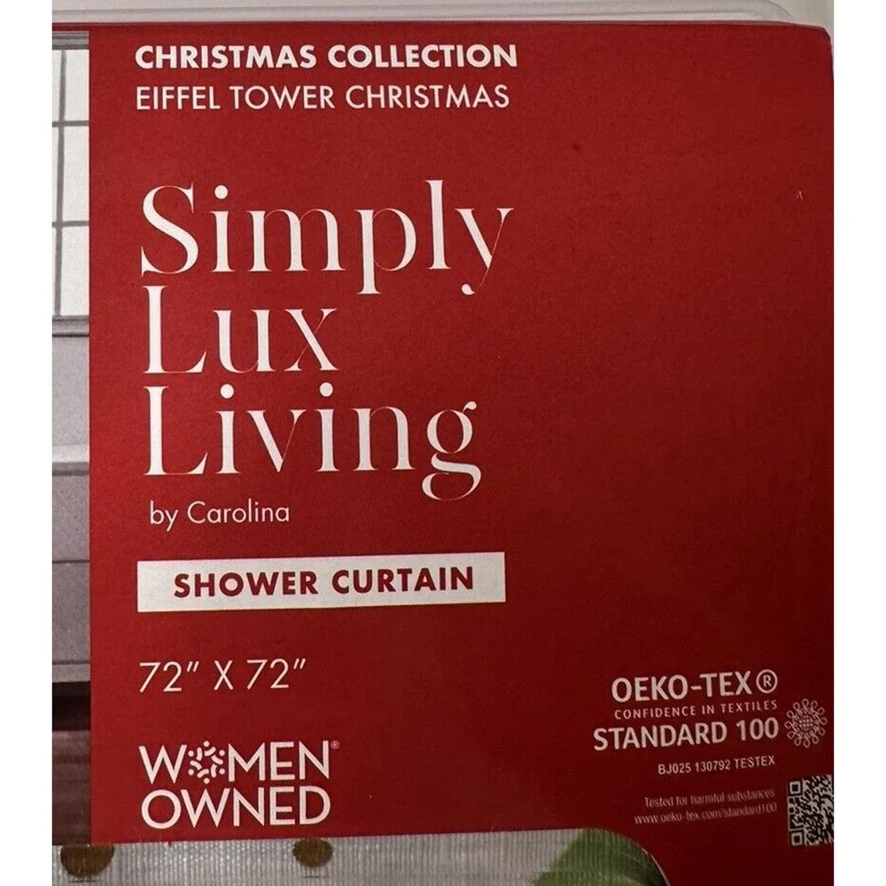 NEW Simply Lux Living Eiffel Tower Christmas Fabric Shower Curtain with‎ Hooks
